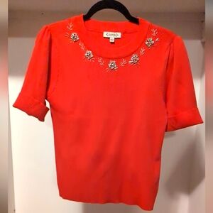 Annette Lenore sweter size large Coral Pink With Rhinestone Neckline